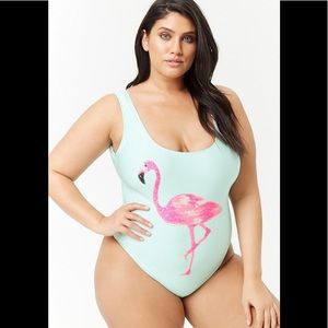 Mint Green and Pink Flamingo One Piece Swim Suit